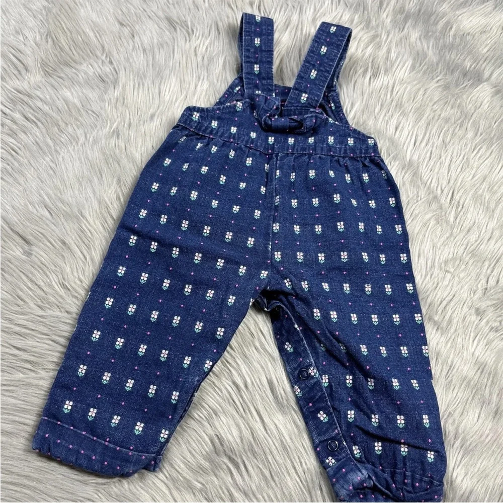 Vintage Oshkosh Bgosh Baby Girls Denim Blue White Pink Floral Overalls